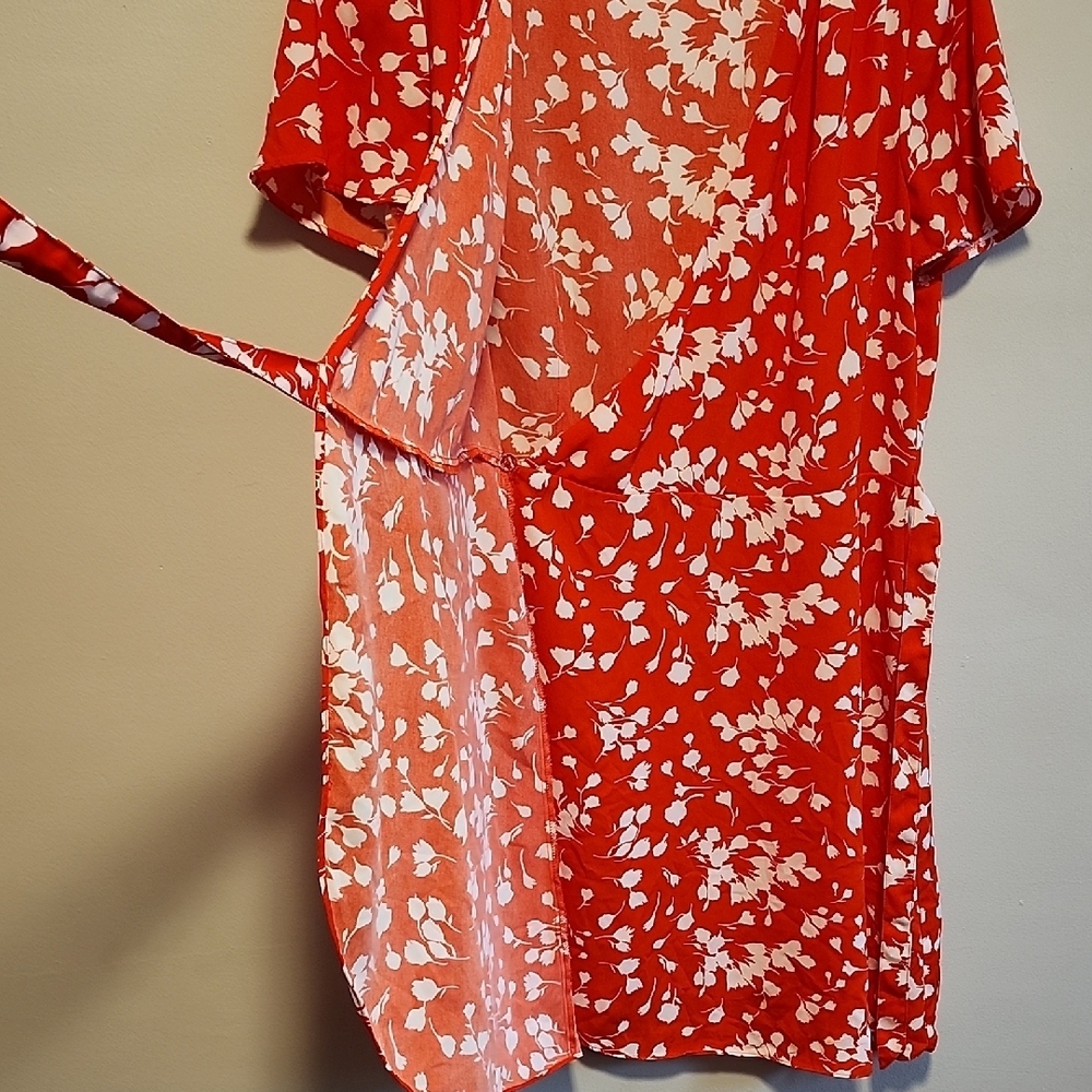 J. Crew Vibrant Red-Orange Wrap Dress with White Floral Design - Picture 5 of 10